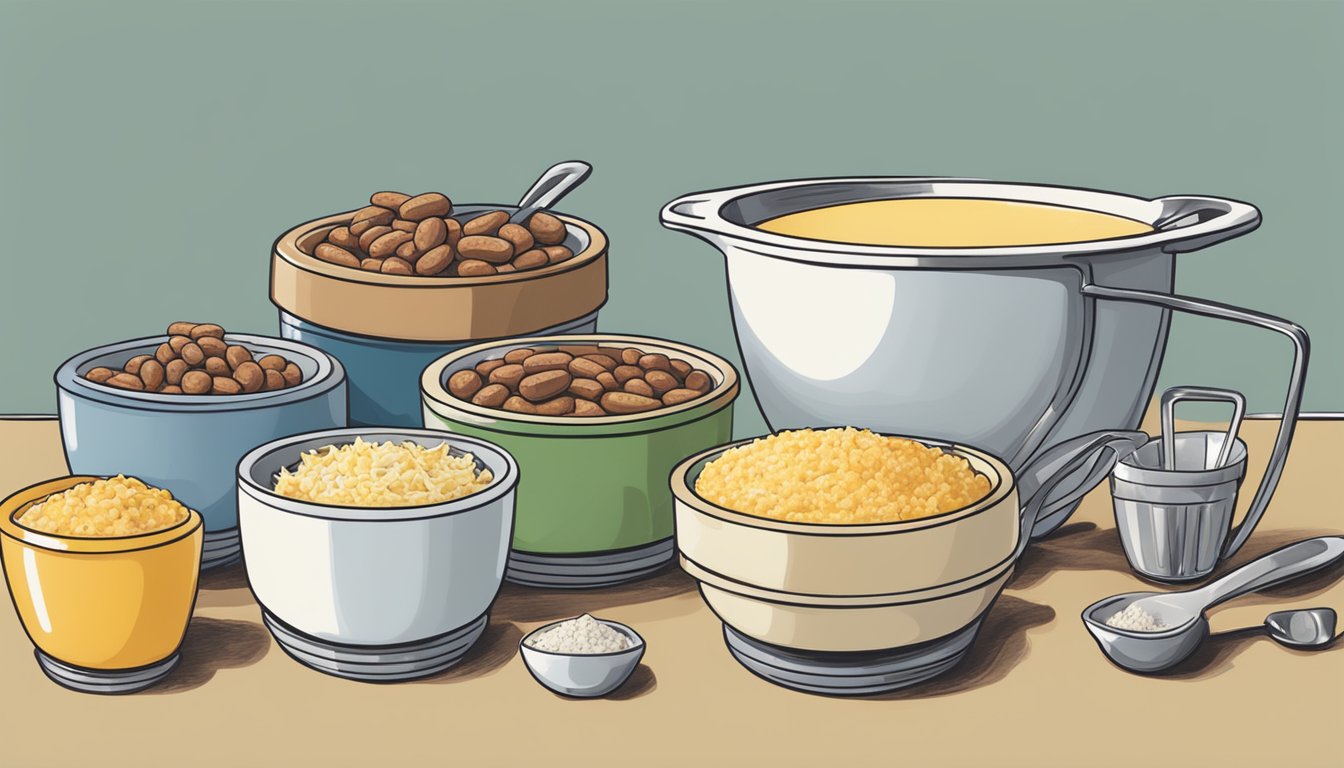 A mixing bowl filled with bisquick, sausage, and cheese, surrounded by measuring cups and spoons