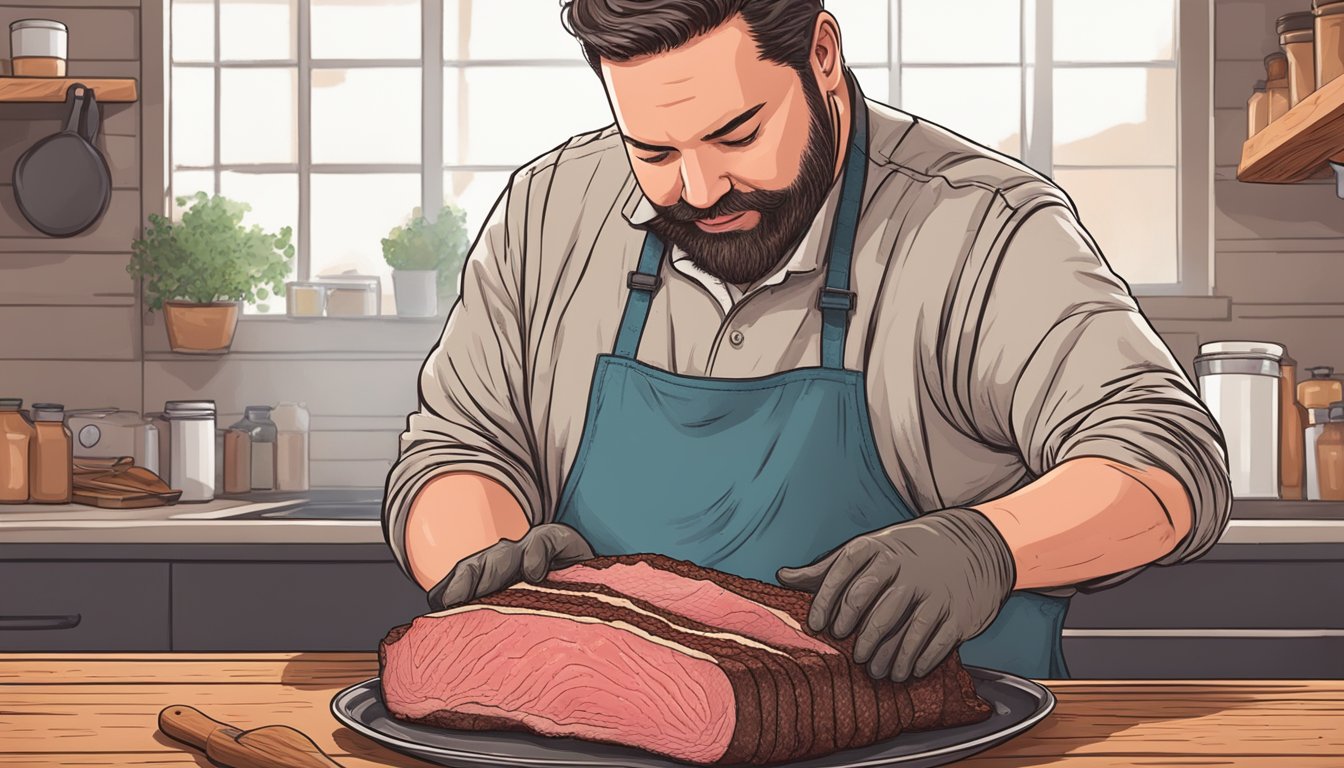 A butcher expertly rubs a beef brisket with Texas-style pastrami seasoning, preparing it for the smoking process