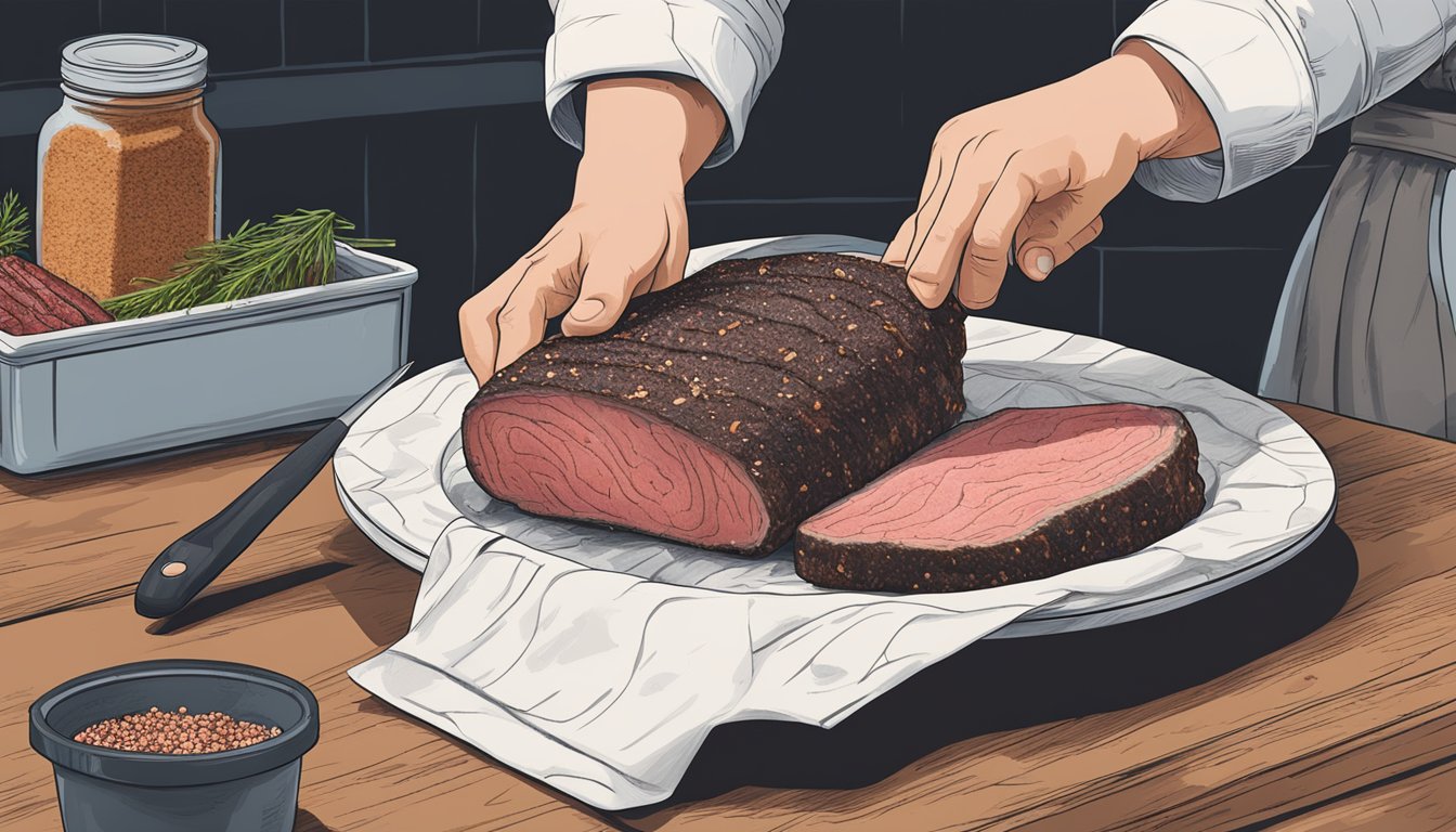 A butcher selects a marbled beef brisket, then rubs it with Texas-style pastrami seasoning