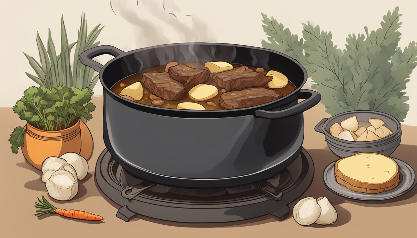 A cast iron pot simmering over an open flame, filled with chunks of tender beef, potatoes, carrots, and onions, all bathed in a rich, savory broth