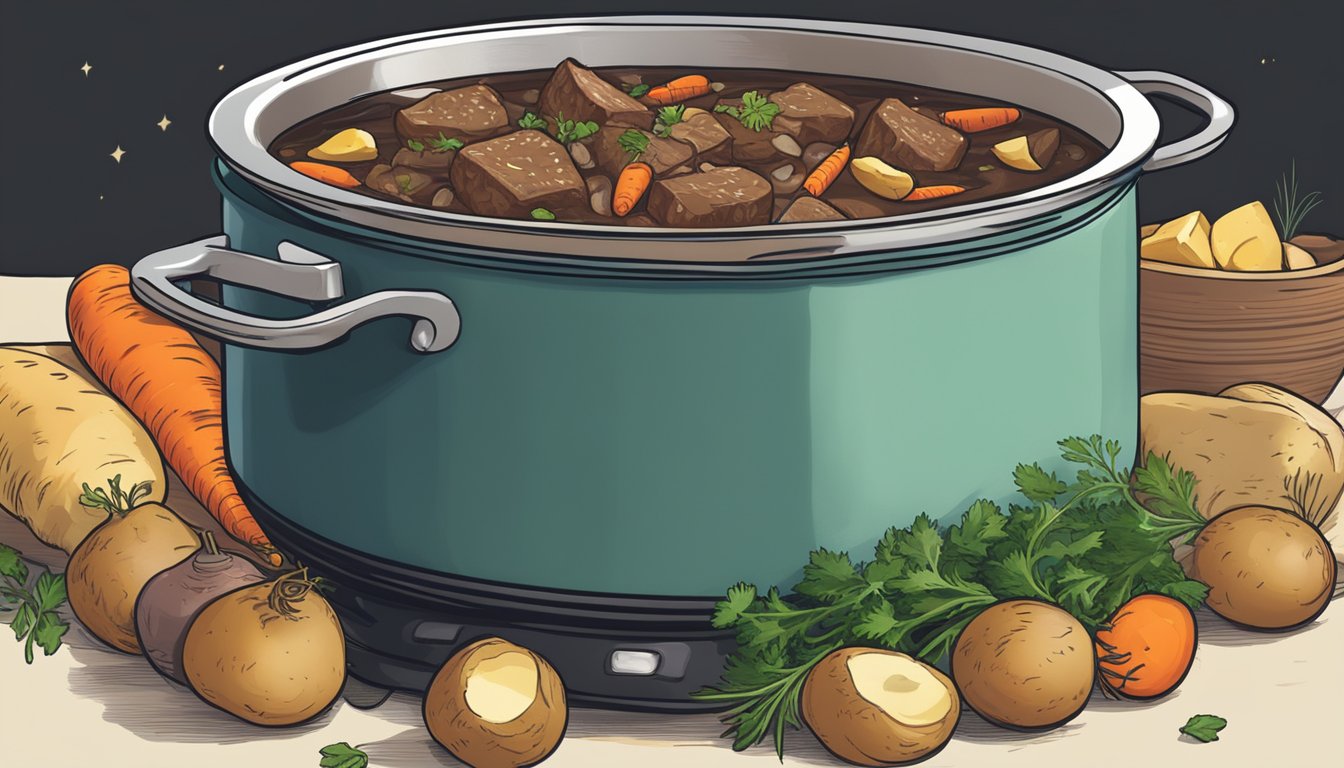 A large pot simmering on a stovetop, filled with chunks of beef, potatoes, carrots, and onions in a rich, savory broth. A sprinkle of fresh herbs adds color and aroma