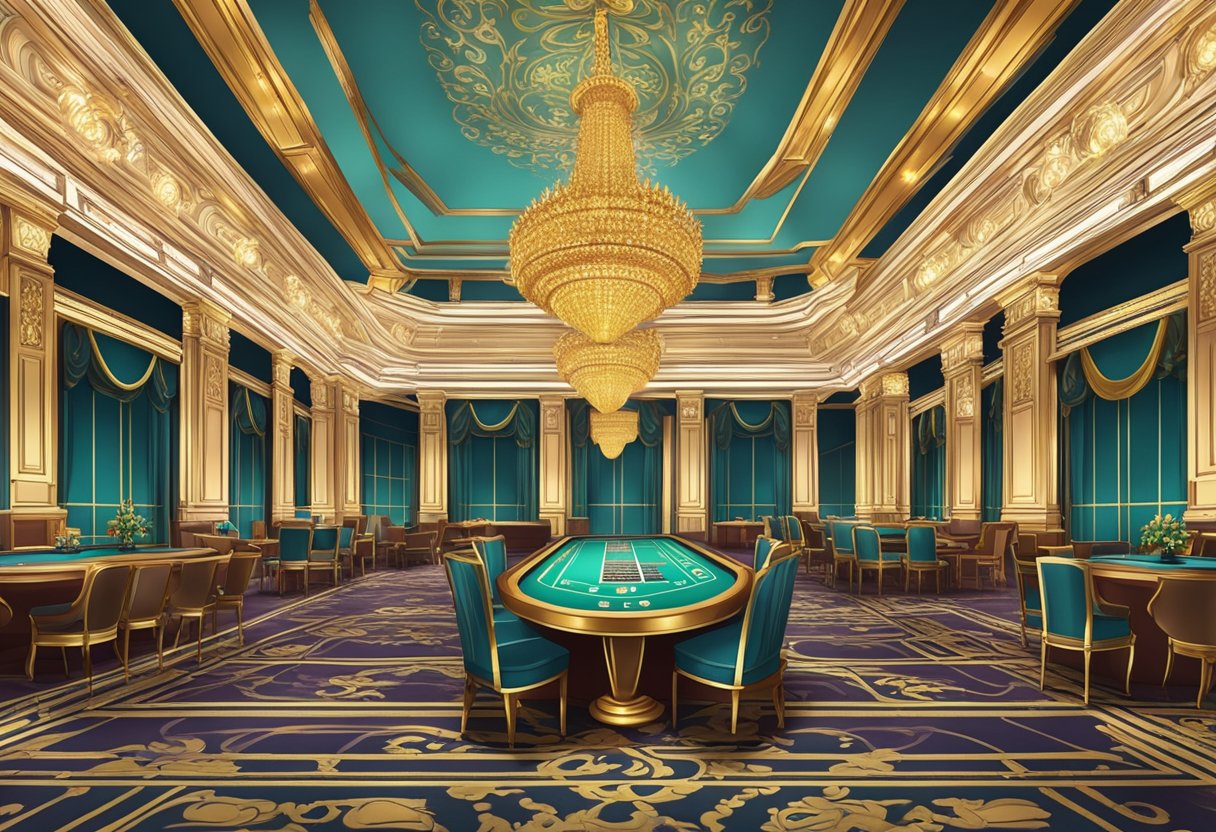 A luxurious casino with opulent decor, high-stakes tables, and extravagant chandeliers