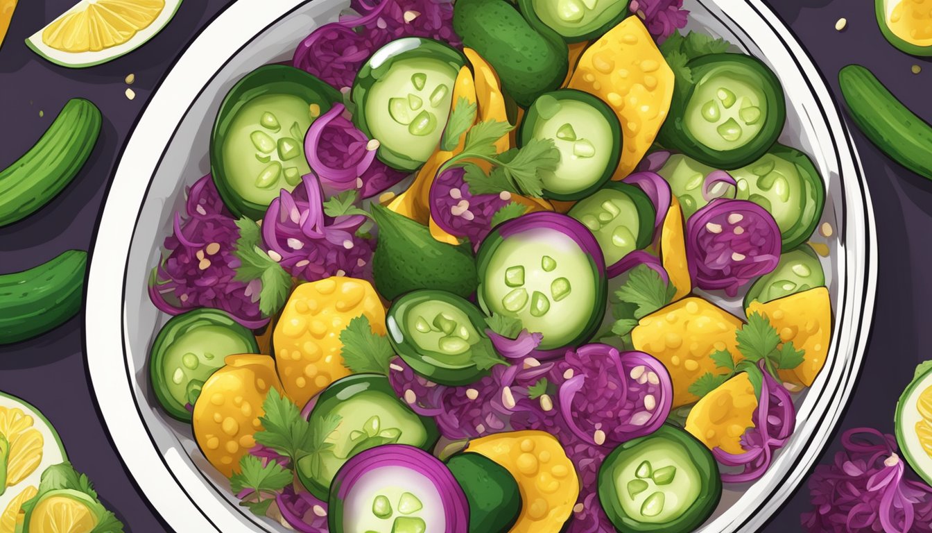 A colorful bowl filled with crunchy cucumber slices and pickled mustard seeds, surrounded by vibrant ingredients like red onion, cilantro, and jalapeño