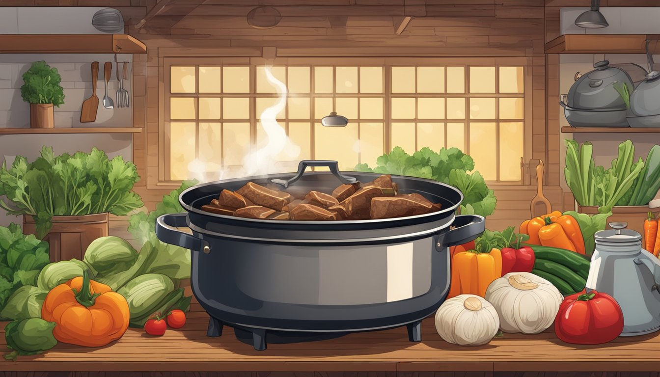 A rustic kitchen with a large pot simmering on a stove, surrounded by fresh vegetables, herbs, and chunks of beef