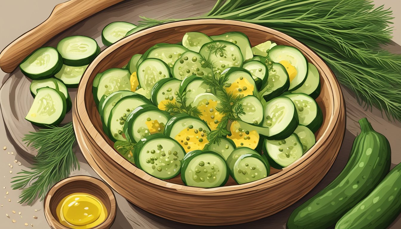 A wooden bowl filled with sliced cucumbers and pickled mustard seeds, surrounded by a scattering of fresh dill and a drizzle of tangy vinaigrette