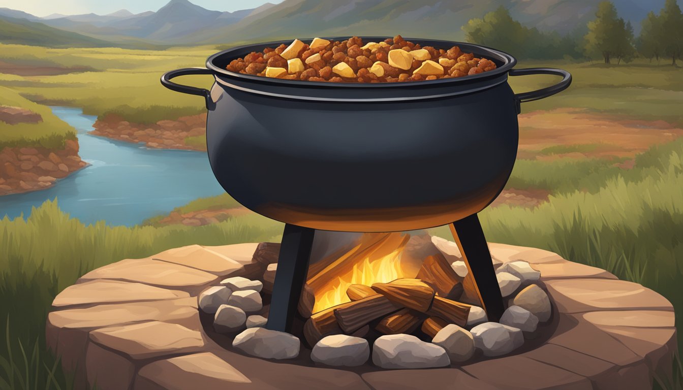 A large pot simmering over a crackling fire, filled with chunks of beef, potatoes, carrots, and onions, surrounded by the rugged landscape of the Texas countryside