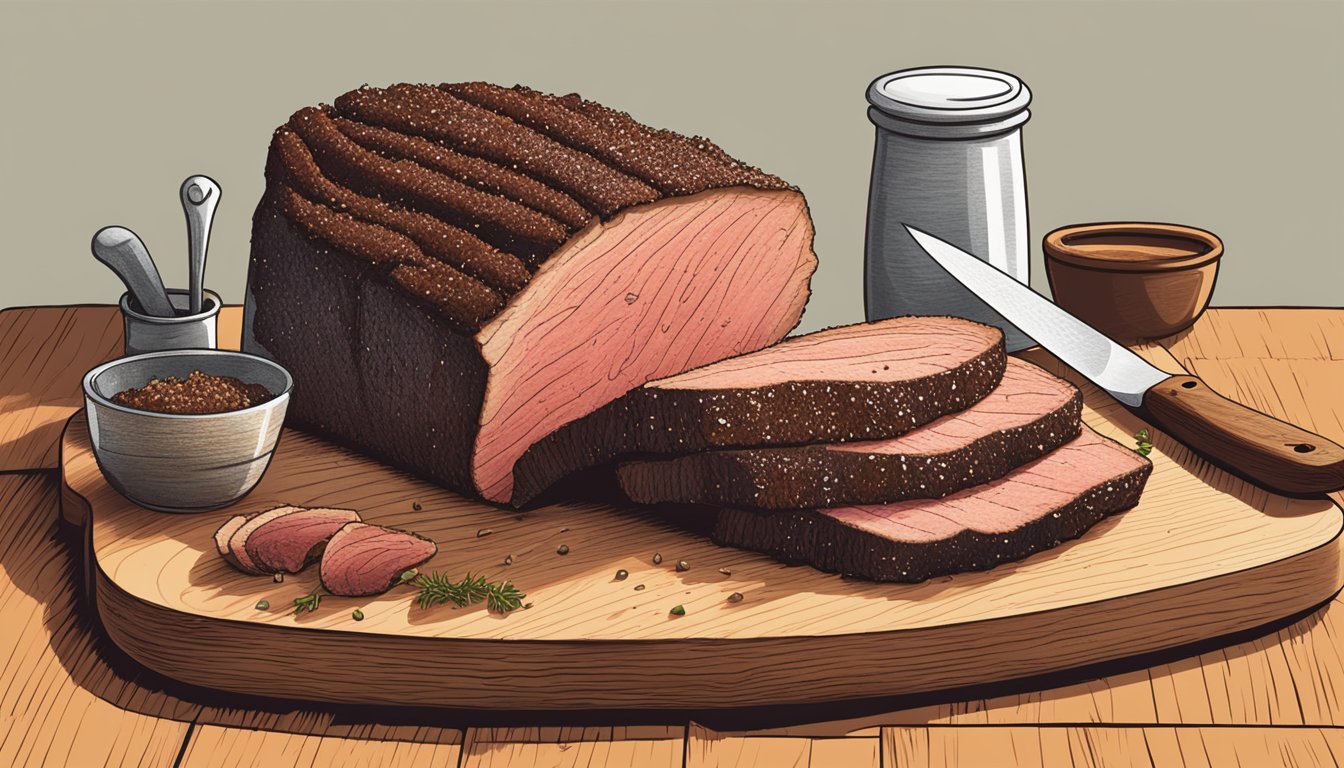 A sizzling beef brisket coated in Texas-style pastrami rub, being sliced and served on a wooden cutting board