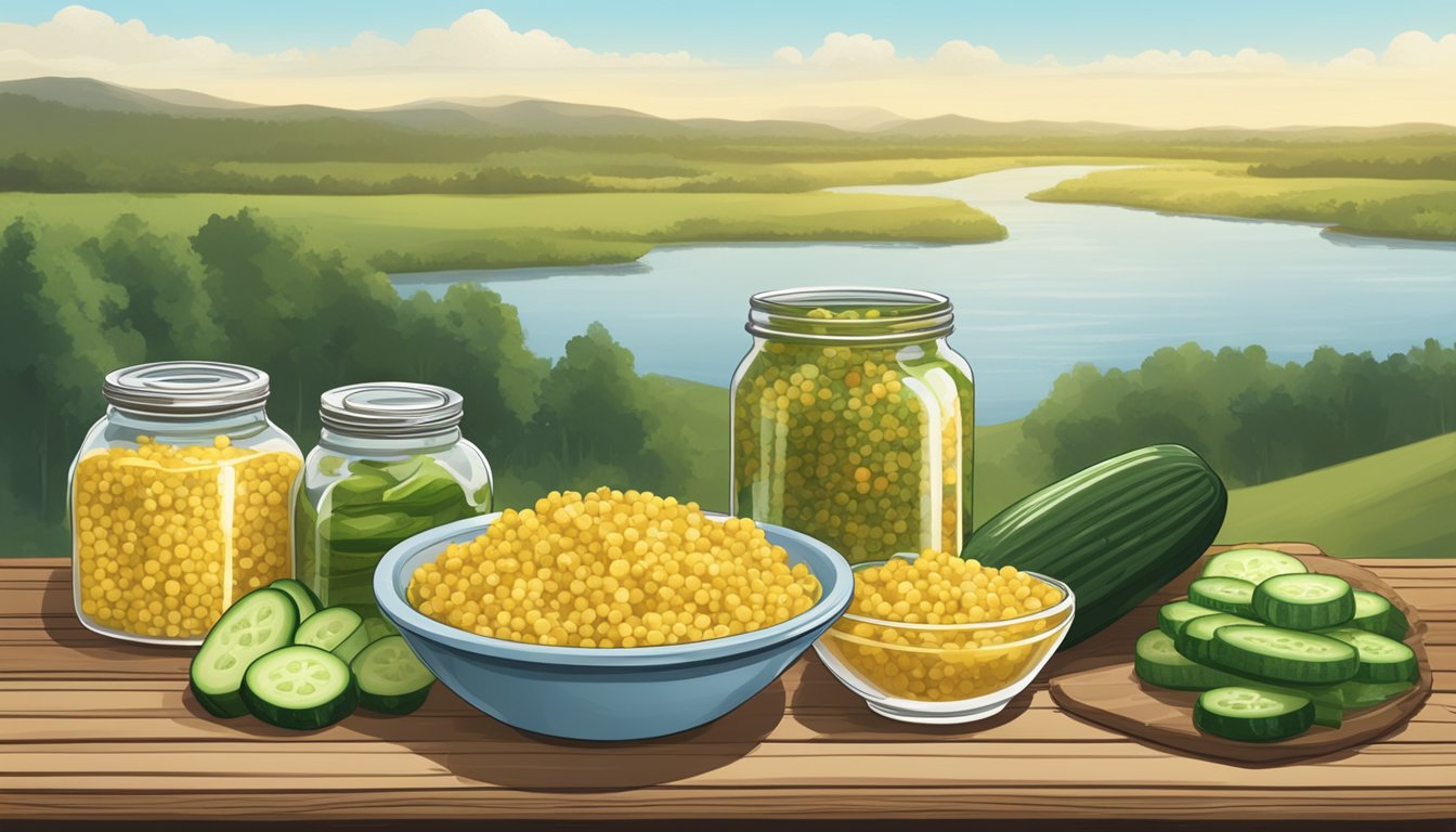 A rustic wooden table with jars of pickled mustard seeds and a bowl of crunchy cucumber salad, surrounded by fresh ingredients and a Texas landscape in the background