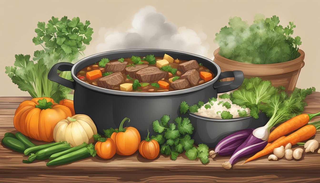 A steaming pot of Texas-style Irish beef stew surrounded by fresh vegetables and herbs on a rustic wooden table