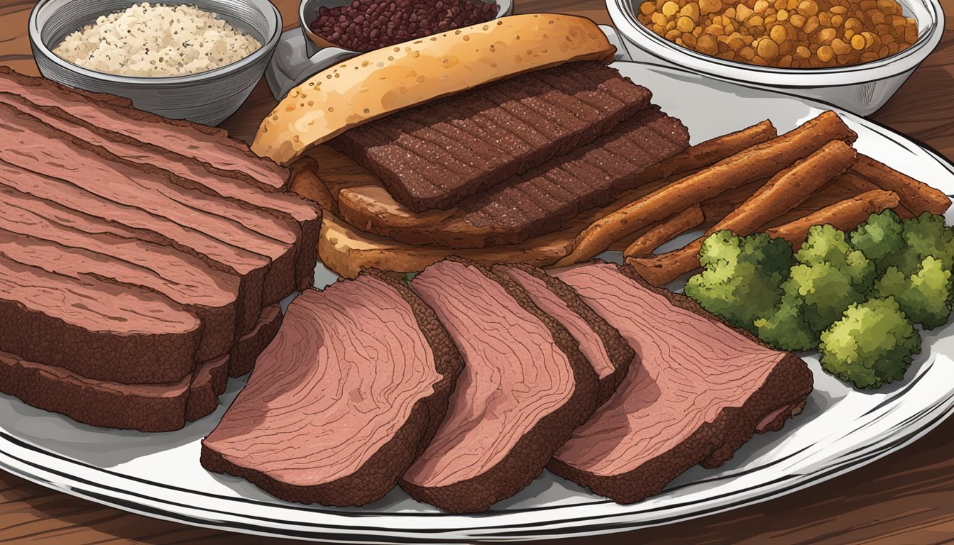 A platter of assorted texas-style pastrami rub beef brisket, corned beef, and pastrami with various accompaniments