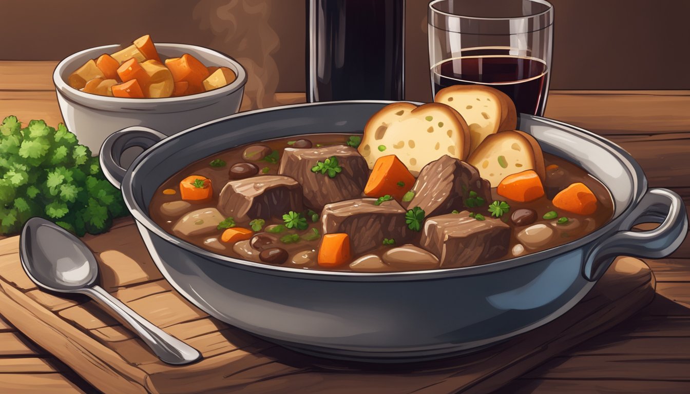 A steaming bowl of Texas-style Irish beef stew sits on a rustic wooden table, accompanied by a slice of hearty bread and a glass of rich red wine