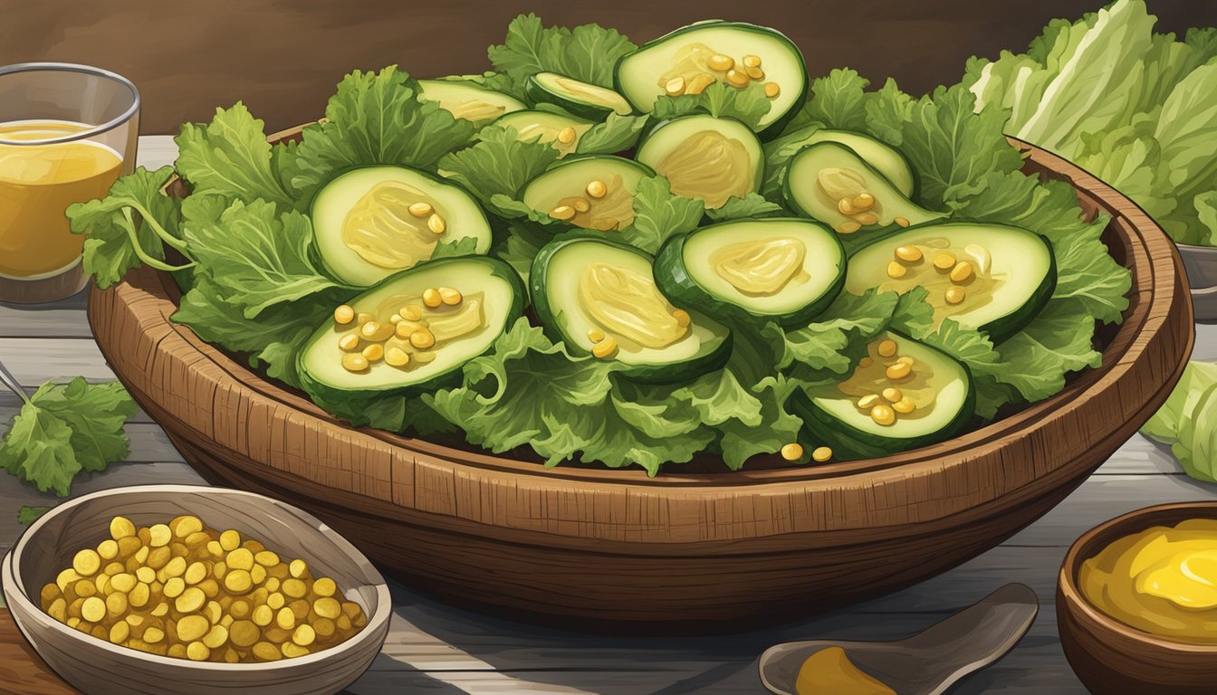 A wooden salad bowl filled with sliced crunchy cucumbers, pickled mustard seeds, and vibrant green lettuce leaves, all arranged in a rustic Texas-style setting