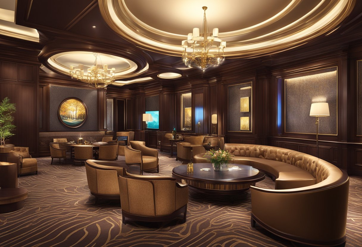 The luxurious and exclusive VIP Mahogany Room at Melbourne's online casino exudes opulence and sophistication, with rich mahogany furnishings, plush velvet seating, and elegant decor