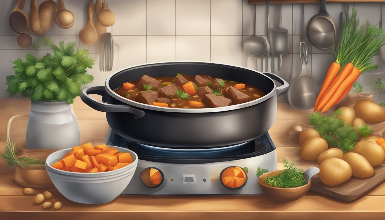 A rustic kitchen with a simmering pot of hearty beef stew on a stovetop, surrounded by ingredients like potatoes, carrots, and herbs