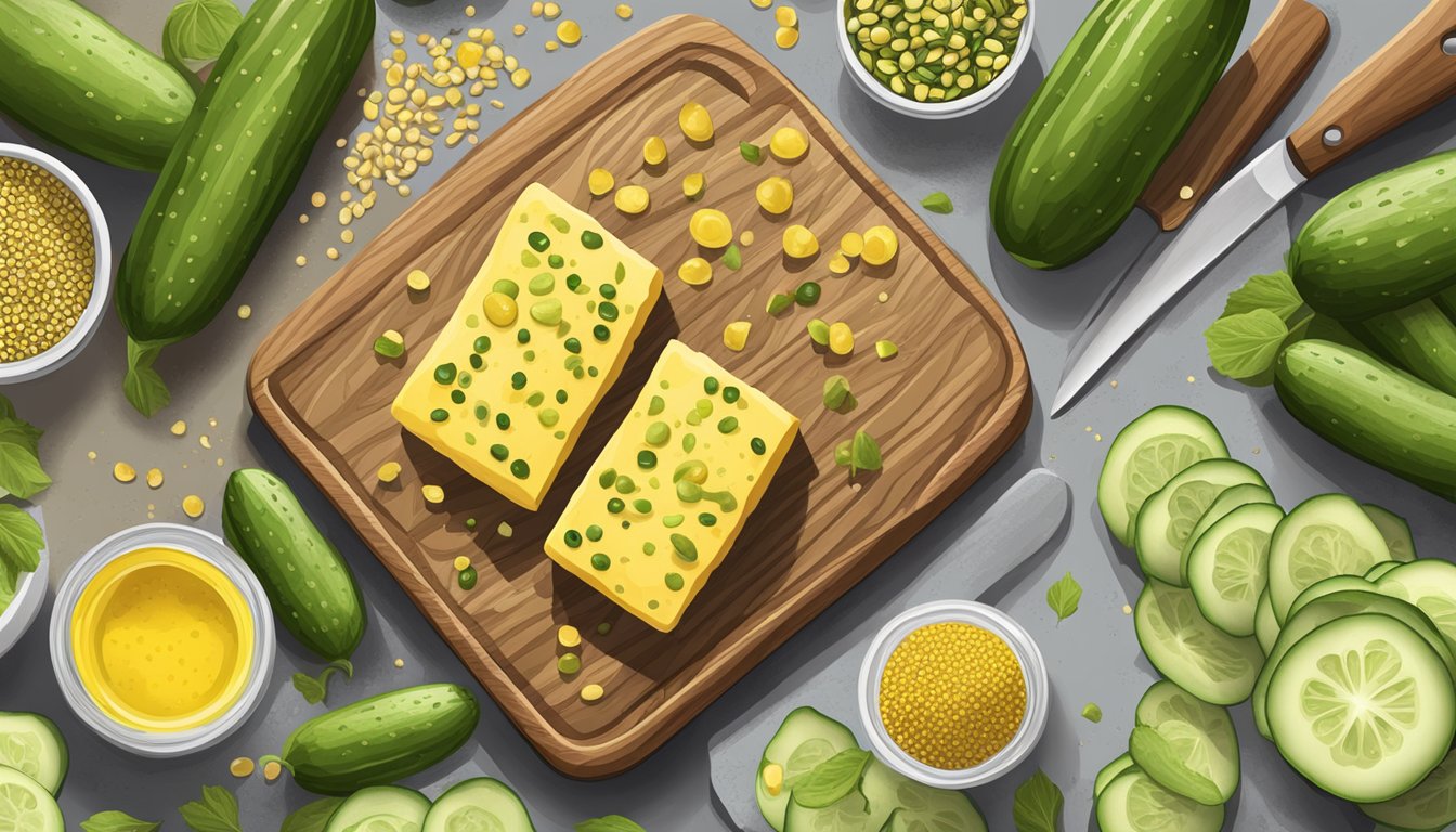 A wooden cutting board with sliced cucumbers, pickled mustard seeds, and Texas-style seasoning