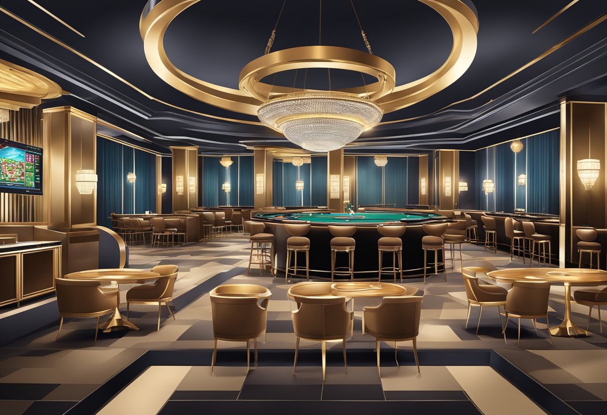 A luxurious, sleek and modern casino with high-end decor, exclusive gaming tables, and a sophisticated ambiance