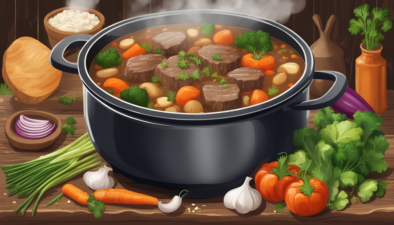 A steaming pot of Texas-style Irish beef stew surrounded by fresh vegetables and herbs on a rustic wooden table