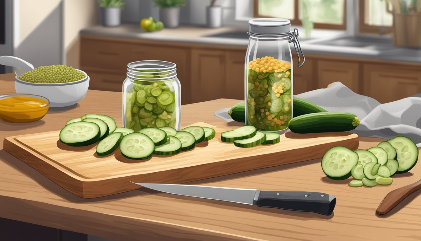 A wooden cutting board with sliced cucumbers, a jar of pickled mustard seeds, and a chef's knife on a kitchen counter