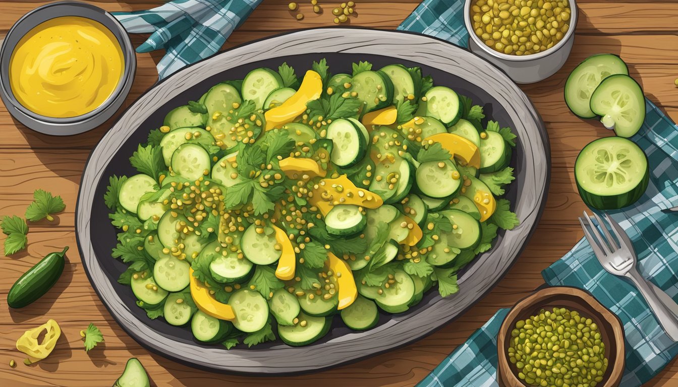 A rustic wooden table set with a bowl of vibrant green cucumber salad topped with pickled mustard seeds, surrounded by colorful Texas-themed decor