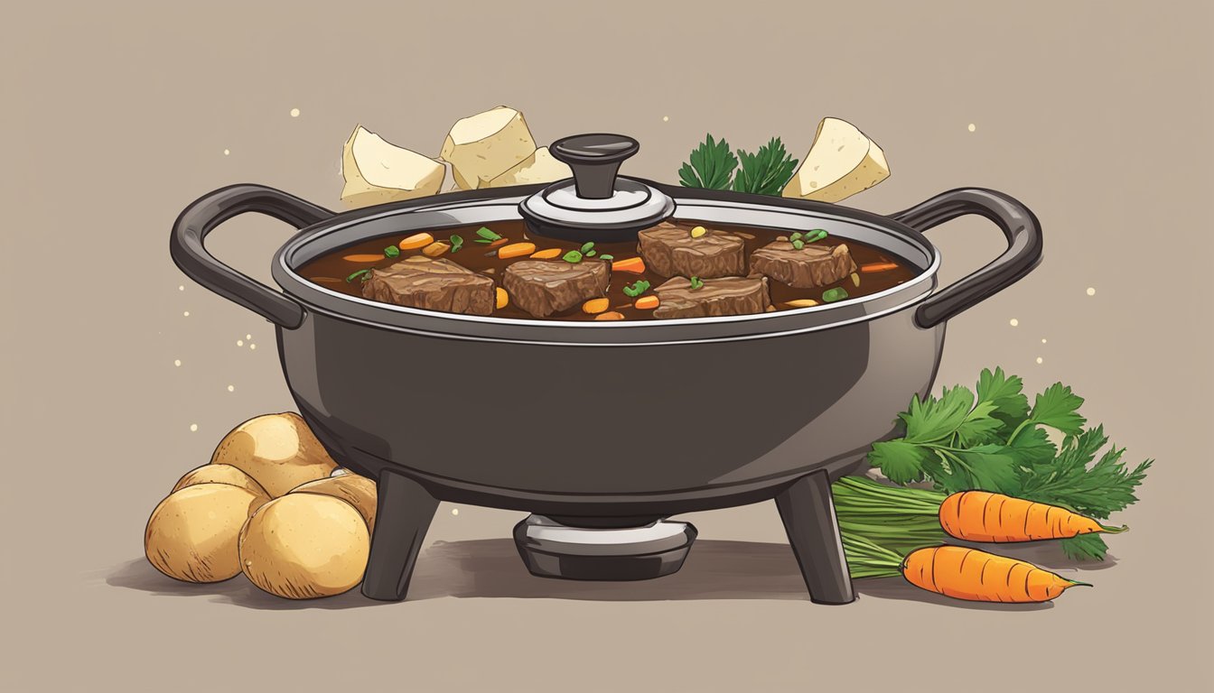 A large pot simmering with chunks of beef, potatoes, carrots, and onions in a rich, savory broth, with a hint of spice and a sprinkle of fresh herbs