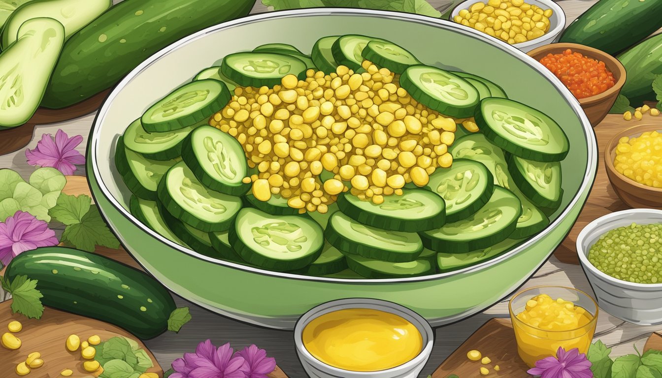 A bowl of vibrant green cucumber slices with pickled mustard seeds, surrounded by colorful Texas-style ingredients