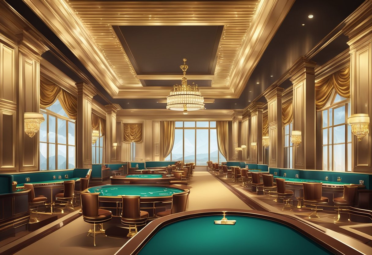 A luxurious and opulent high-stakes casino room with elegant decor and exclusive amenities