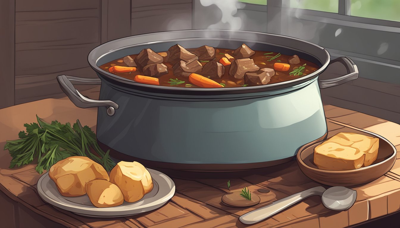 A large pot simmering on a stove, filled with chunks of tender beef, carrots, potatoes, and onions in a rich, savory gravy. A wooden spoon rests on the edge of the pot