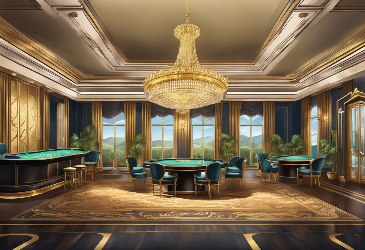 A luxurious, opulent casino room with elegant decor, high-end furnishings, and a sophisticated ambiance