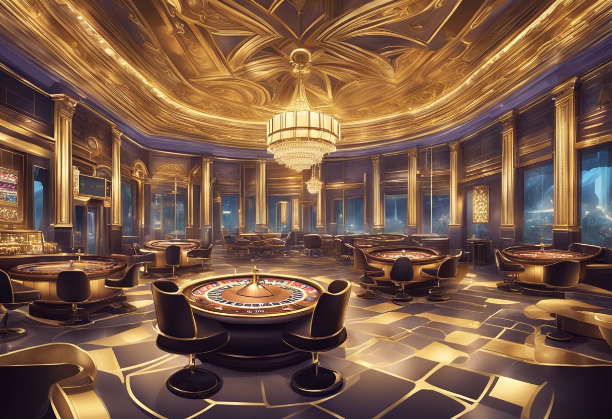 A luxurious and extravagant room filled with high-end casino games and opulent decor, designed to cater to the elite clientele of high rollers