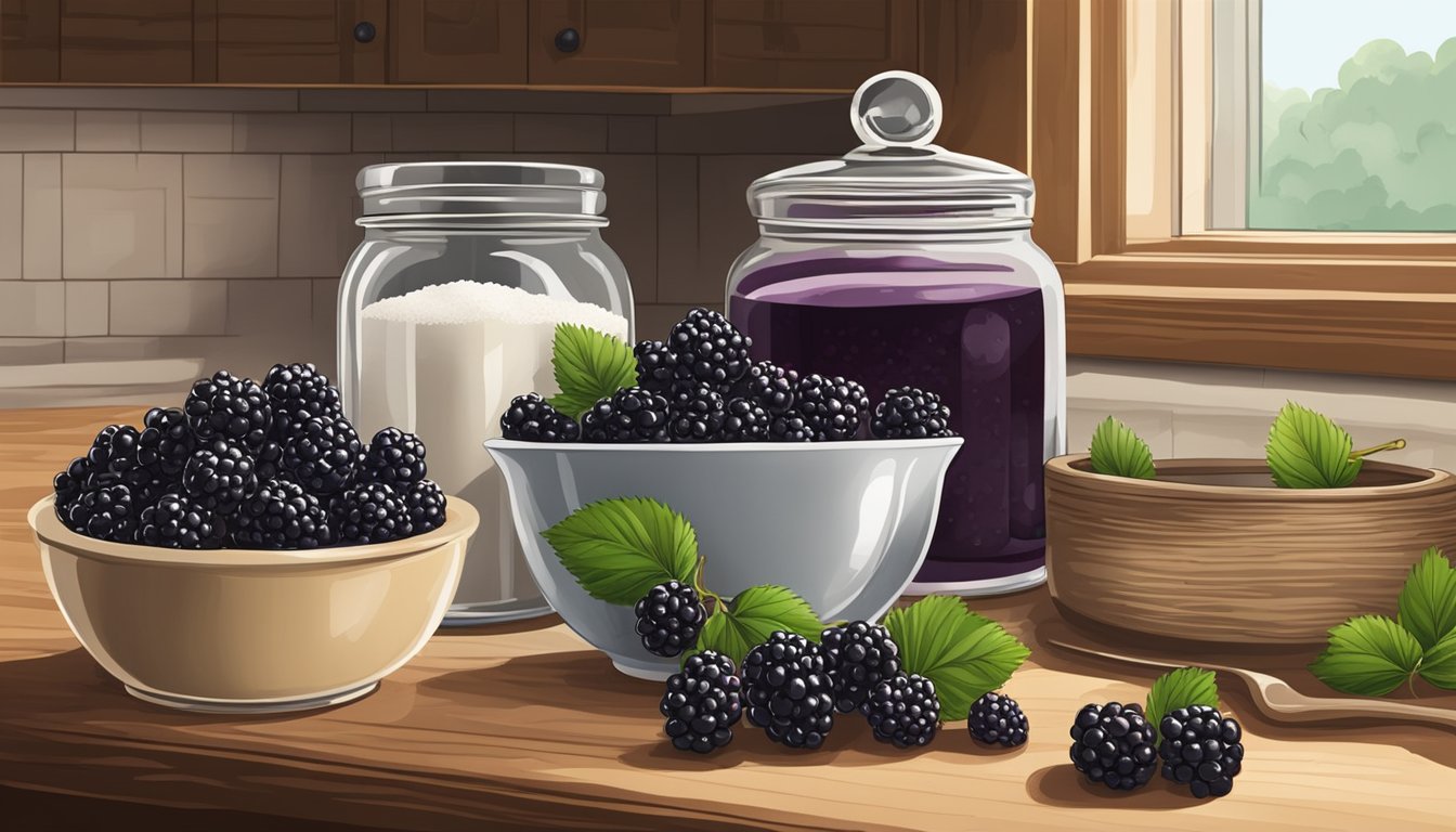 A rustic kitchen counter with fresh blackberries, sugar, and a jar of pectin ready to be used for making Texas-style blackberry preserves