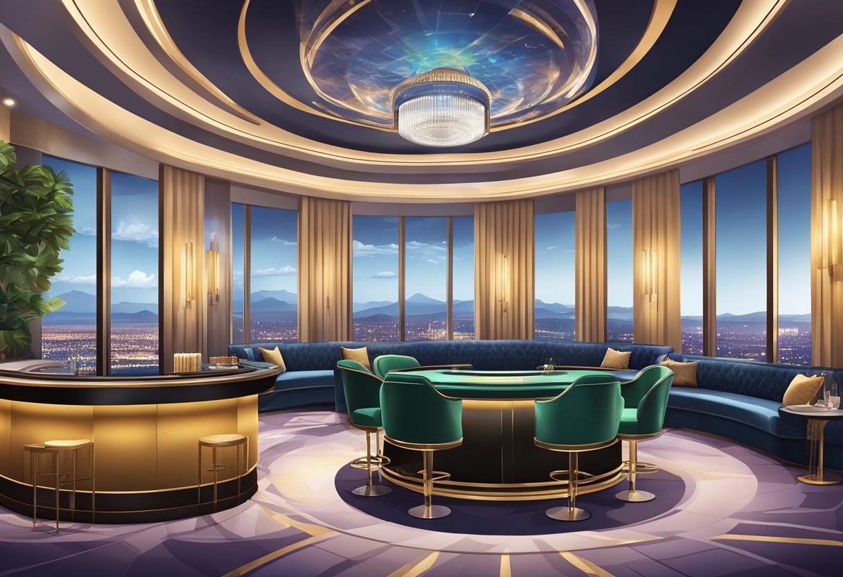 A luxurious high limit room with modern decor, plush seating, and a sleek bar, surrounded by high roller casino games and a stunning city view