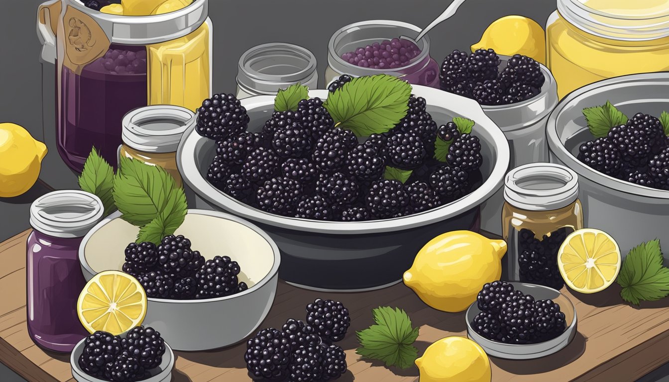 Fresh blackberries being crushed in a pot with sugar and lemon juice, surrounded by jars and lids ready for canning