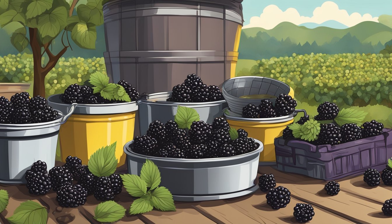 Blackberries being picked, washed, and cooked in a large pot with sugar and lemon juice. Jars being filled and sealed with hot preserves