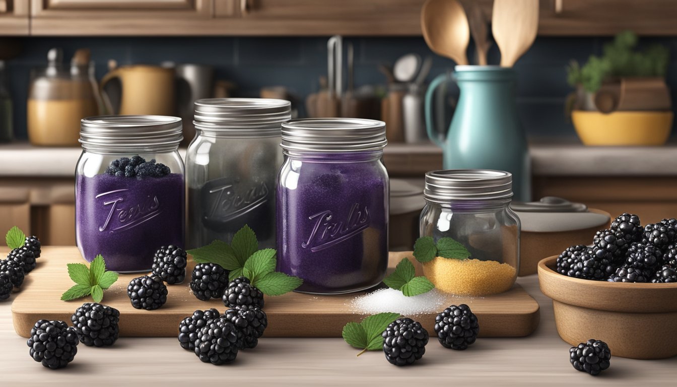 A rustic kitchen counter with fresh blackberries, sugar, and mason jars, surrounded by Texas-themed decor and cooking utensils