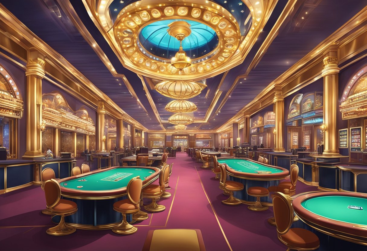 A grand and opulent casino setting with high-end security features and measures for fairness in gaming