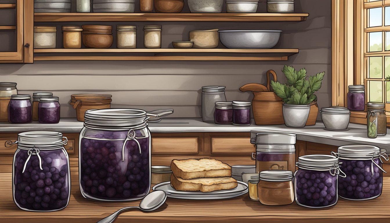 A rustic Texas kitchen with jars of homemade blackberry preserves, fresh berries, and a recipe book open to a simple preserve recipe