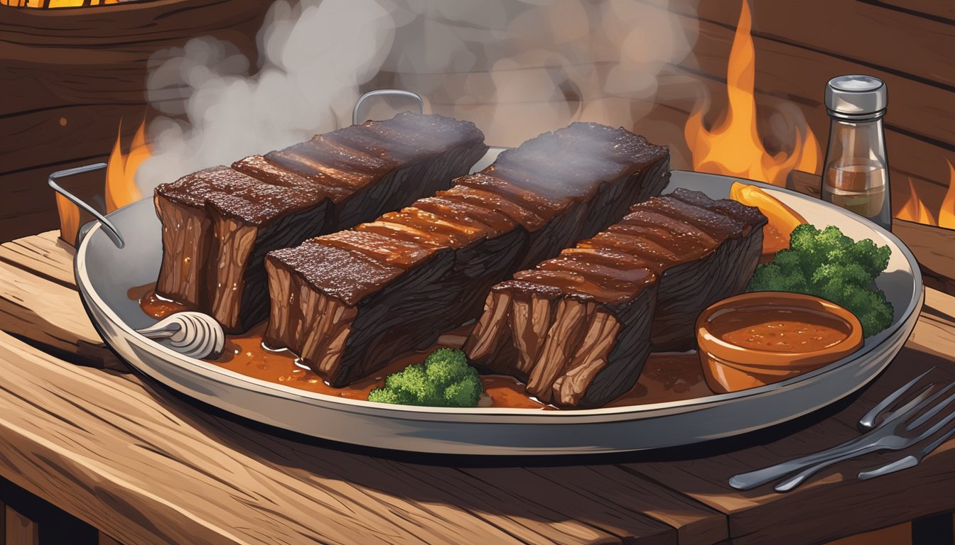 A platter of beef short ribs smothered in Texas-style sauces and glazes, with a rustic backdrop of a barbecue grill and wood smoke