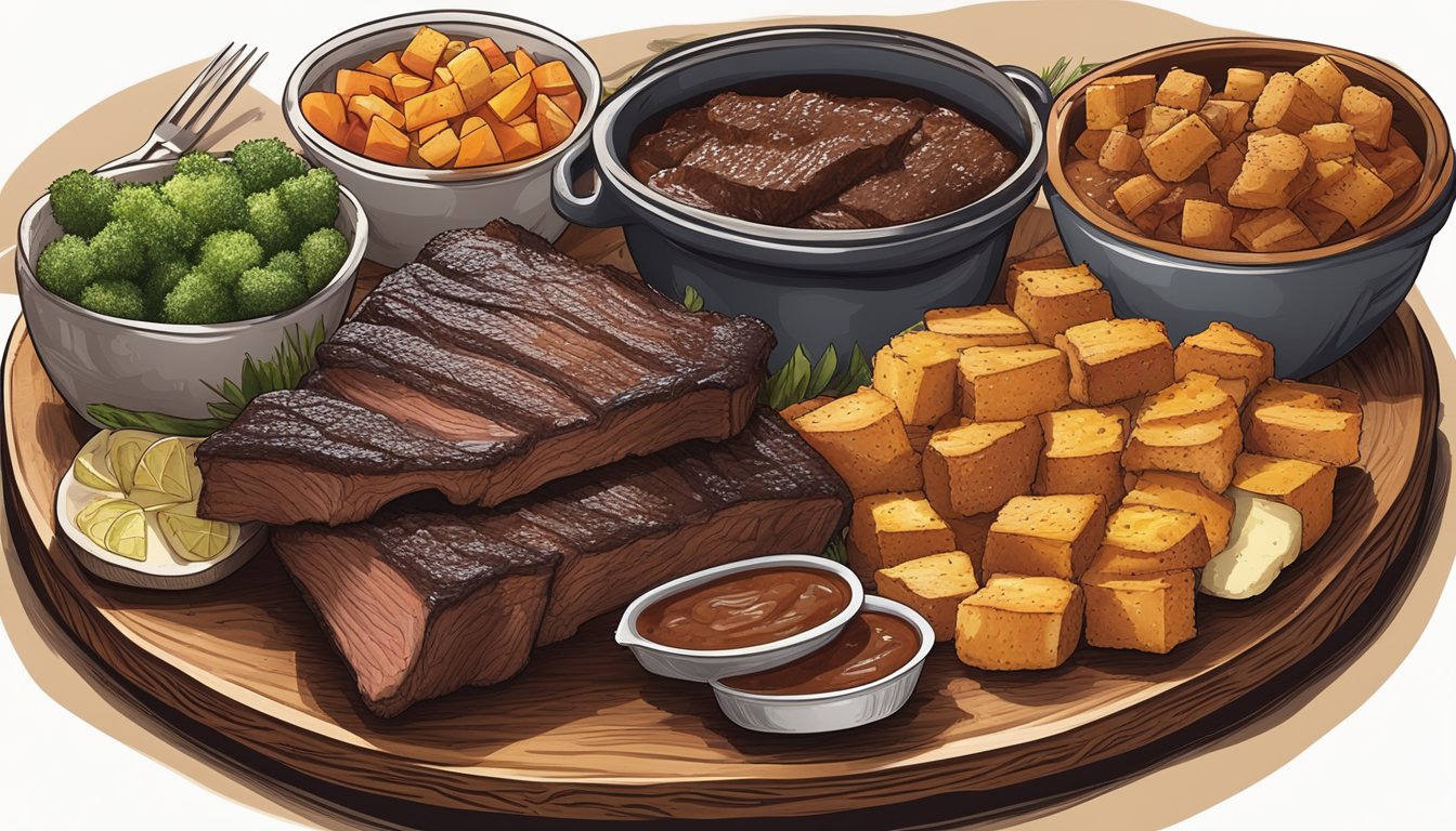 A rustic wooden table displays a platter of juicy, charred beef short ribs, surrounded by a spread of traditional Texas-style sides