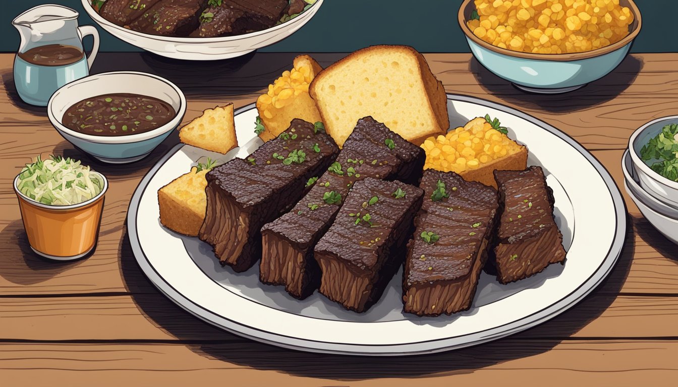 A platter of juicy Texas-style beef short ribs with a side of tangy coleslaw and a basket of freshly baked cornbread