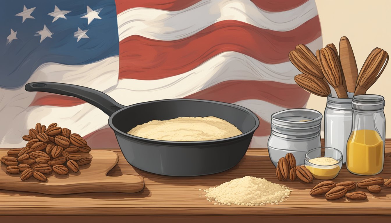 A rustic kitchen counter with ingredients for pecan pie crust: flour, butter, pecans, and a rolling pin. A Texas flag hangs in the background