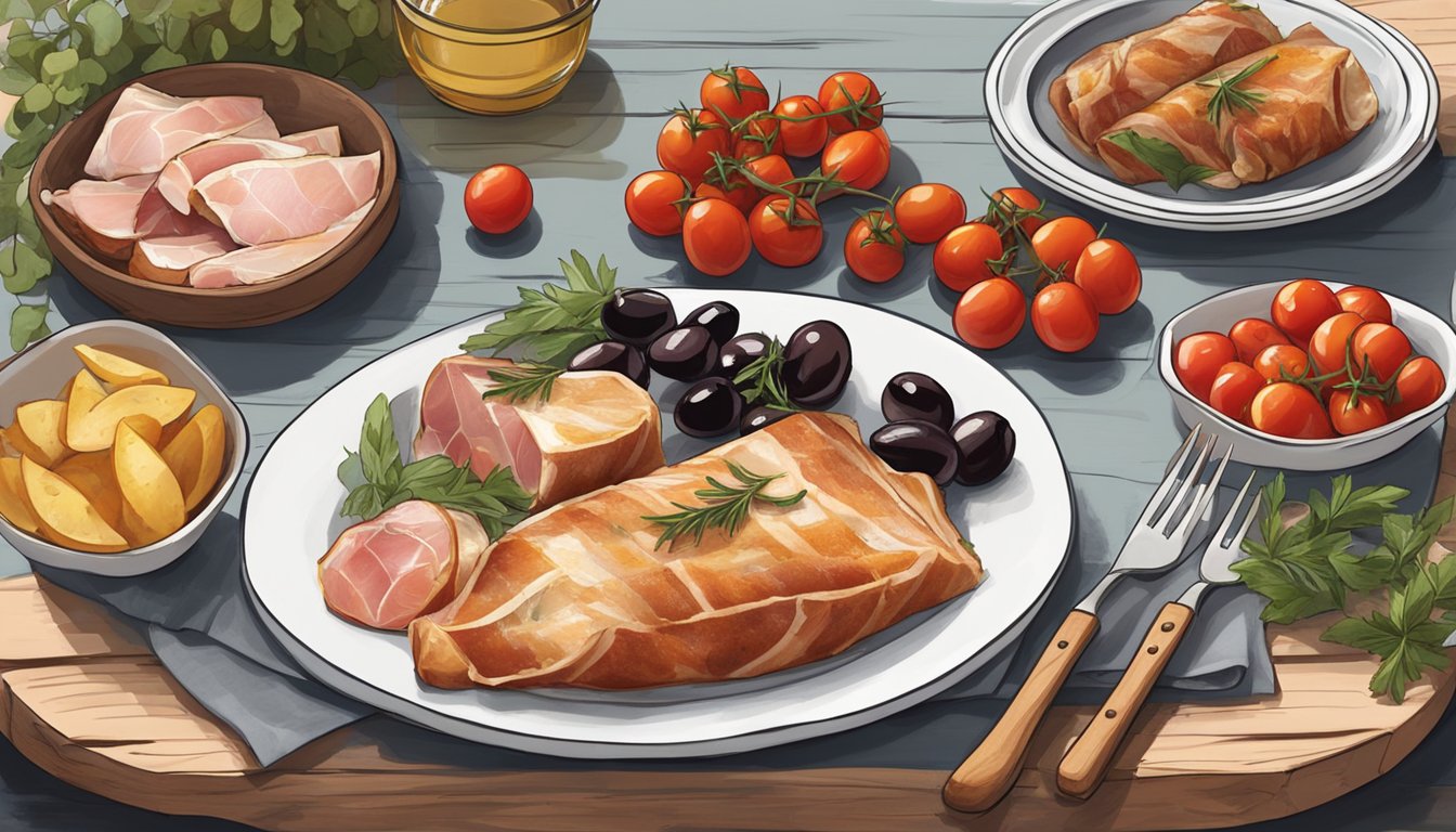 A rustic table set with a traybake of Texas-style cod wrapped in Parma ham, surrounded by cherry tomatoes and olives