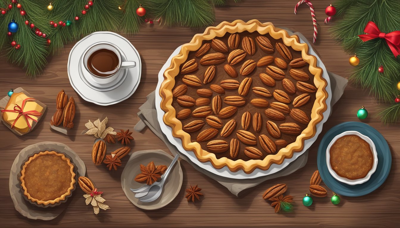 A rustic wooden table adorned with a freshly baked pecan pie, surrounded by festive holiday decorations