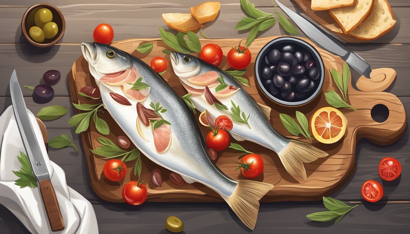 A rustic wooden table with fresh cod, Parma ham, cherry tomatoes, and olives arranged for baking