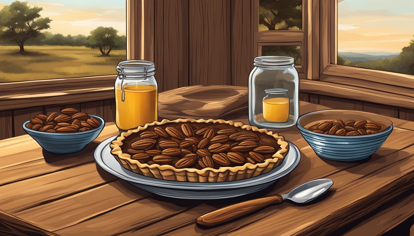 A rustic kitchen table set with a freshly baked pecan pie, surrounded by pecans and a jar of honey, with a Texas landscape visible through the window