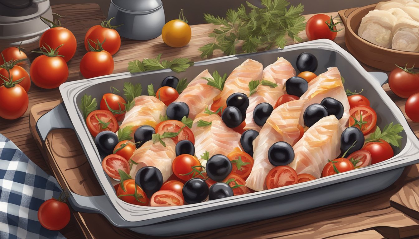 A rustic kitchen with a baking tray filled with cod wrapped in Parma ham, surrounded by cherry tomatoes and olives