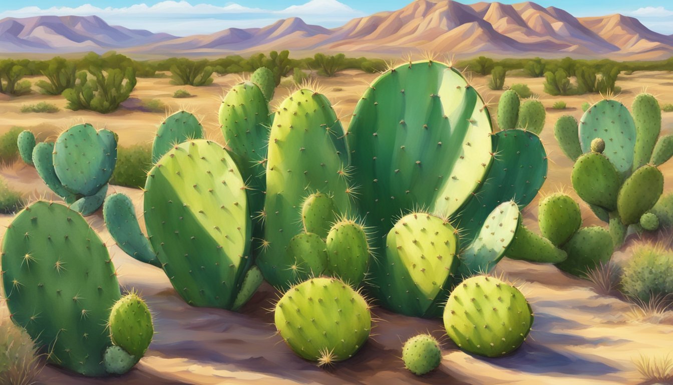 A prickly pear cactus with ripe fruit and vibrant green pads in a sunny Texan desert landscape