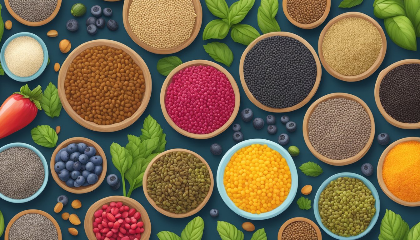 A vibrant assortment of chia seeds, surrounded by other nutrient-rich Texan superfoods, arranged in a bountiful display for June