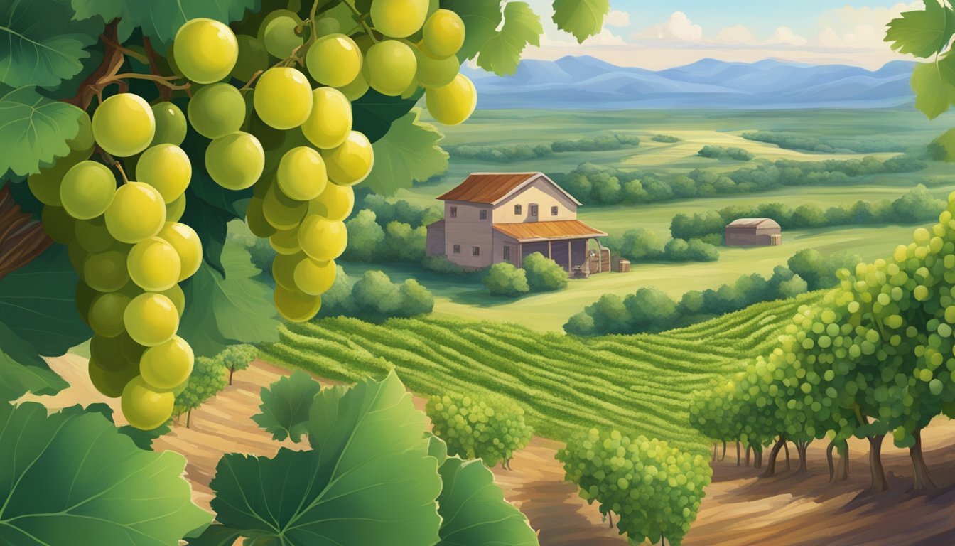 A cluster of ripe mustang grapes dangle from a vine amid a lush Texan landscape, surrounded by other nutritious superfoods in season this June