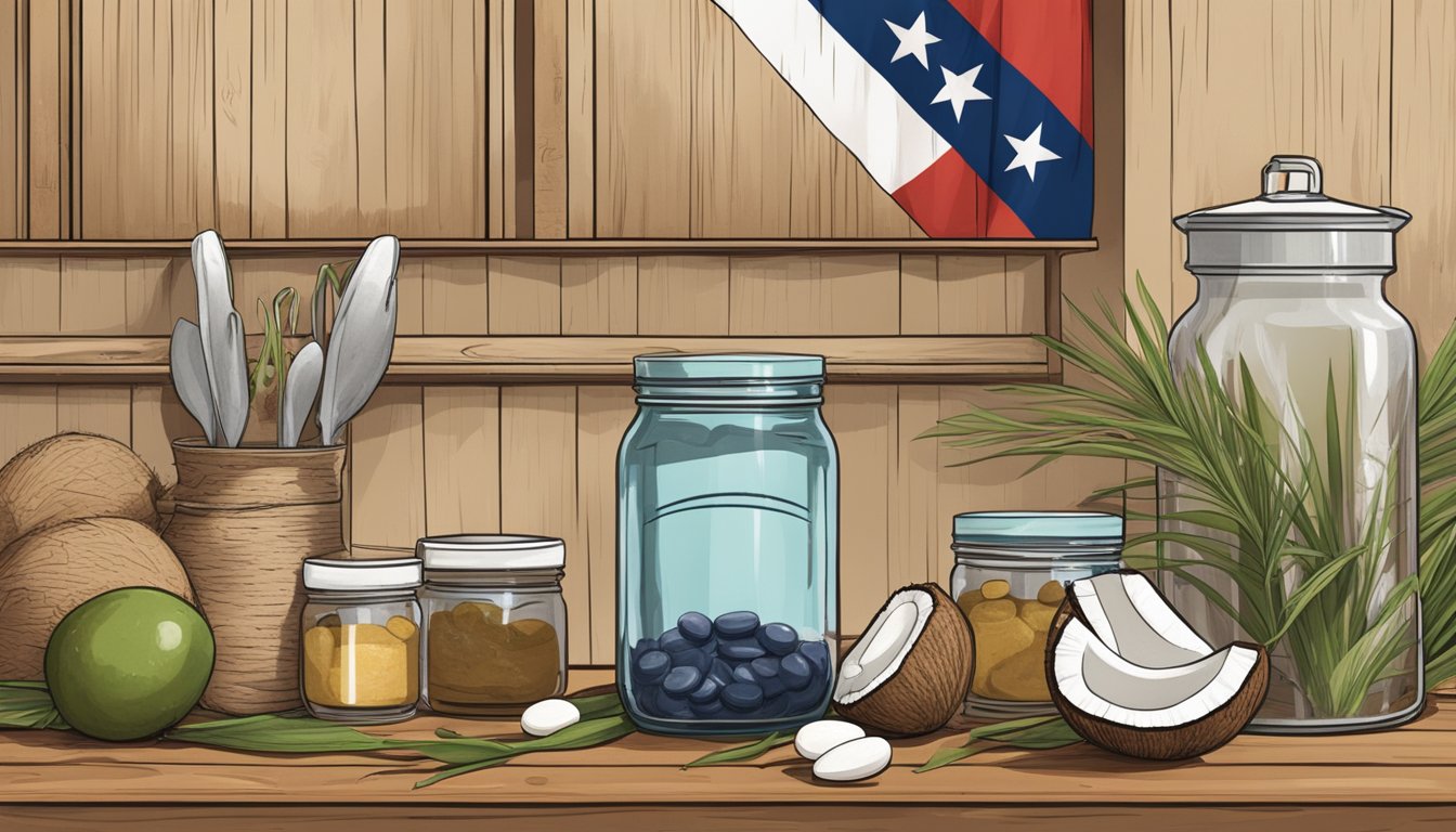 A rustic kitchen with ingredients like coconuts, probiotic capsules, and a large glass jar. A Texas flag hangs on the wall, adding a touch of local flair