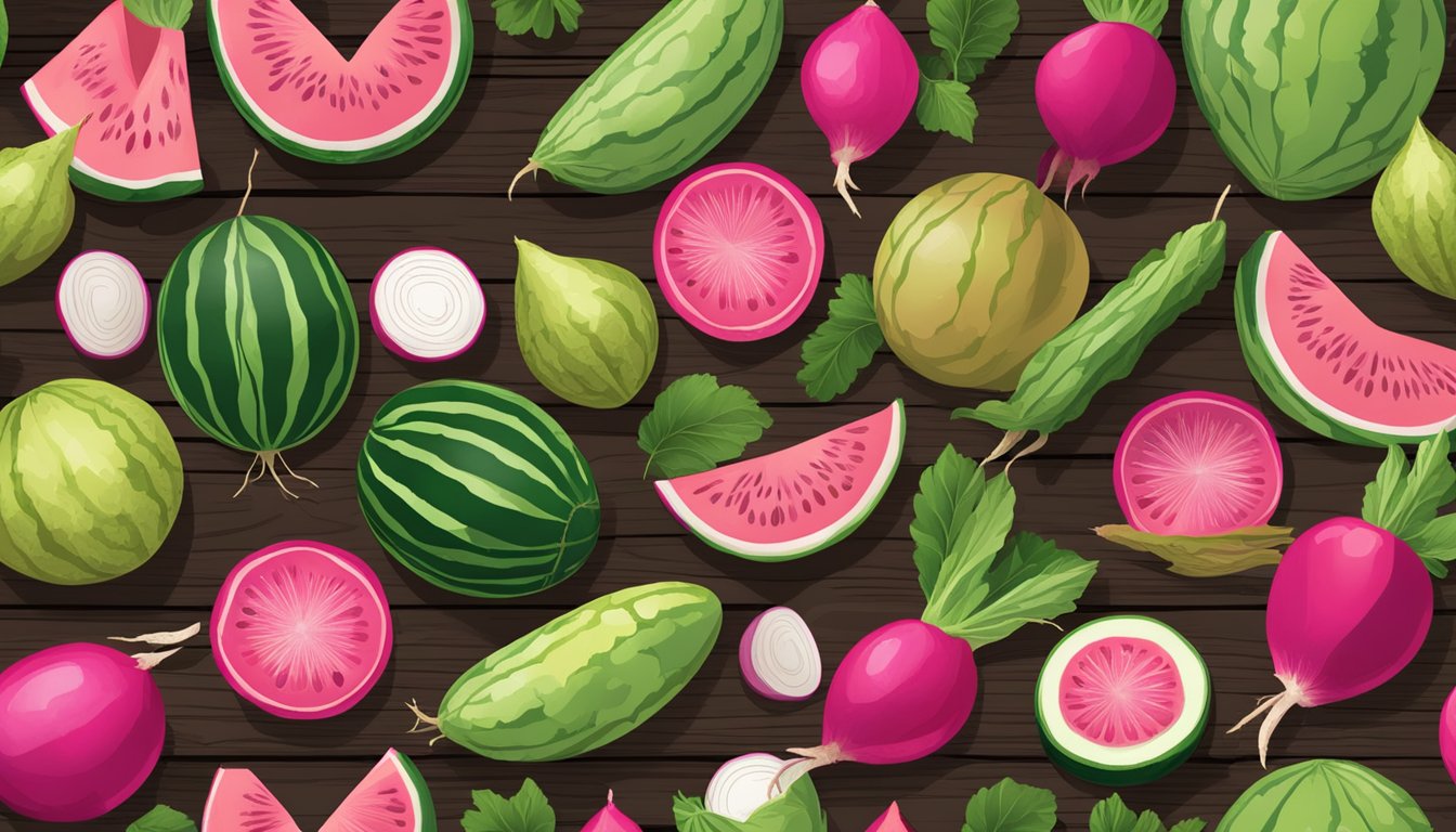 A colorful assortment of fresh Texan superfoods, including vibrant watermelon radishes, displayed on a rustic wooden table